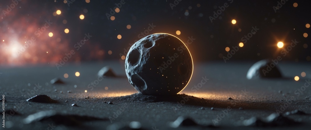 Naklejka premium A lonely moon rests on a desolate, otherworldly landscape, bathed in starlight.