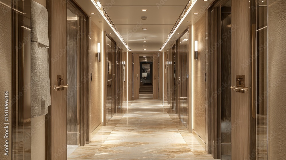 Naklejka premium Empty corridor in a luxury office space with sleek wooden accents and crystal-clear glass partitions