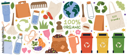 Cartoon style eco-friendly lifestyle concept with colorful illustrations. Includes reusable bags, glass bottles, recycling symbols, solar energy, zero waste items, and sustainable food choices.