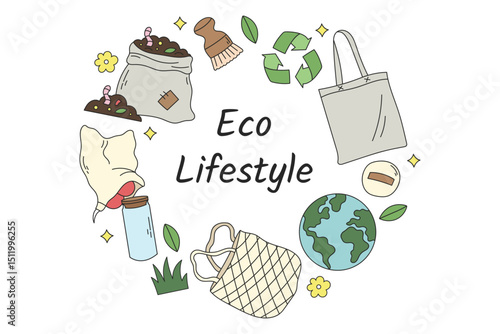 Cartoon style composition of eco-friendly lifestyle elements arranged in a creative layout. Highlights sustainable habits, reusable items, and nature care.