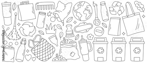 Hand drawn eco-friendly lifestyle elements in doodle style. Includes zero waste items, solar panels, reusable products and recycling icons. 