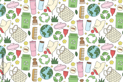 Colorful seamless pattern inspired by eco-friendly lifestyle concepts. Includes recycling, zero waste, sustainable habits and more.