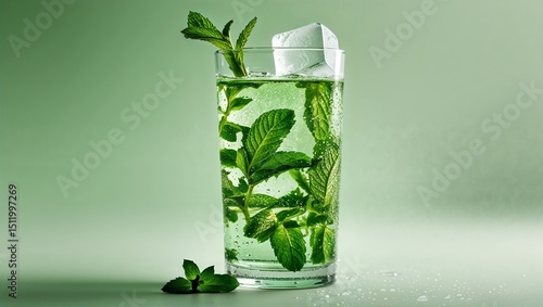 Fresh Mint Drink with Ice Cubes in Glass