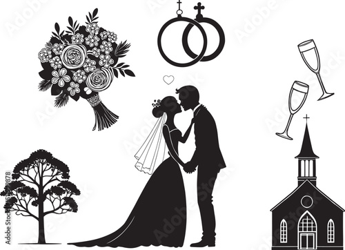 Silhouette Illustration of a Couple's Union with Floral Bouquet, Rings, Drinks, Church, and Tree on Black Backdrop