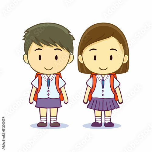 Cartoon Students with Backpacks, Classroom Setting, Illustration, Cheerful Atmosphere, Front View, Education Concept