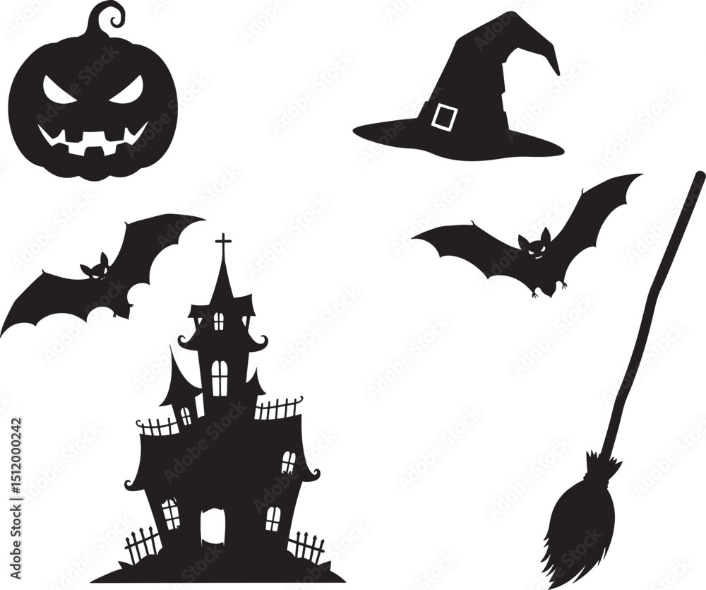 Obraz premium Silhouette Illustration of Pumpkin, Witch Hat, Bats, Haunted House, and Broom for Autumn Designs