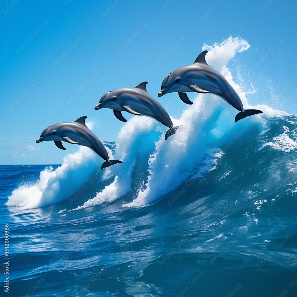 Obraz premium Three dolphins leap over a large ocean wave.