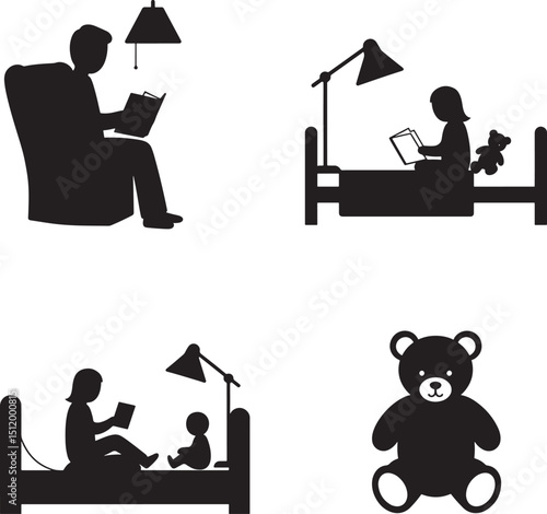 Silhouette Reading Time Vector Illustration Black Background People Reading Books with Teddy Bear Design for Creative Projects