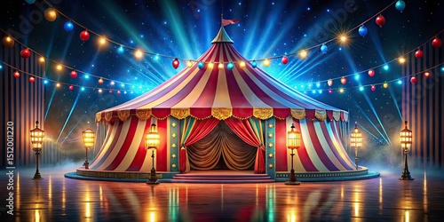 Striped Circus Tent Stage with Vibrant Lights â€“ 3D Render of a Colorful Circus Scene Ideal for Event Promotions and Entertainment Marketing