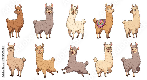 Charming Llama Character Variety Pack: Cartoon Llamas with Different Colors and Expressions