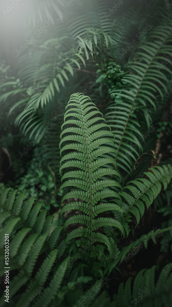 Dense green ferns with textured leaves in soft natural light Dense green ferns with textured leaves in soft natural light
