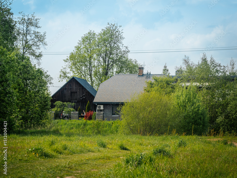Obraz premium A farmhouse with a modern roof stands next to a weather-beaten wooden barn, surrounded by green grass, trees, and spring foliage under a blue sky.