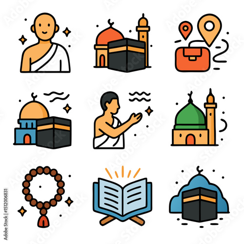 Hajj and umrah icons symbolize Islamic pilgrimage, ideal for religious designs, educational materials, websites, and social media content.
