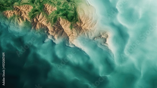 Aerial view of a rugged coastline with mountains meeting turquoise ocean waters and swirling currents.