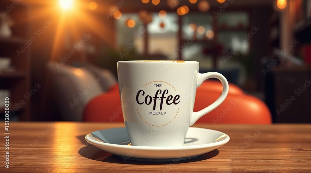 Obraz premium A white coffee mug with a splash of coffee on the rim sits on a wooden table, in a cafe setting, with a blurred background of warm lighting and interior