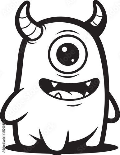 Cartoon one eyed monster with horns smiling in black and white style