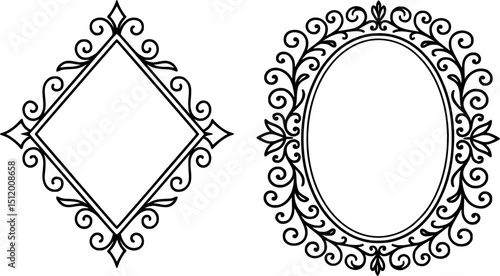 Two decorative frames, a circular and a square shape, featuring intricate floral and scrollwork patterns.