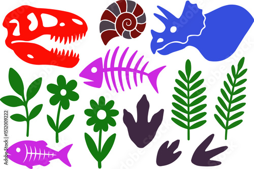 Colorful Prehistoric Scene with Dinosaur and Fossil Remains