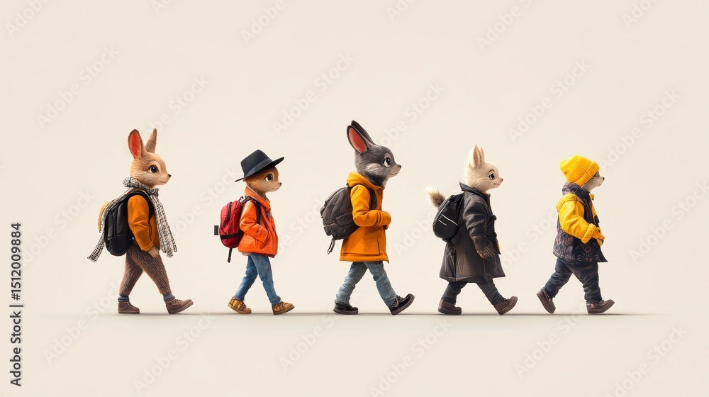 Obraz premium Five stylishly dressed anthropomorphic rabbits walk in a line, each wearing unique clothing and accessories against a plain background.