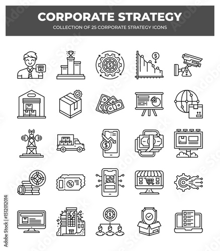 Collection of Corporate Strategy Icons: Planning. Marketing. and Finance