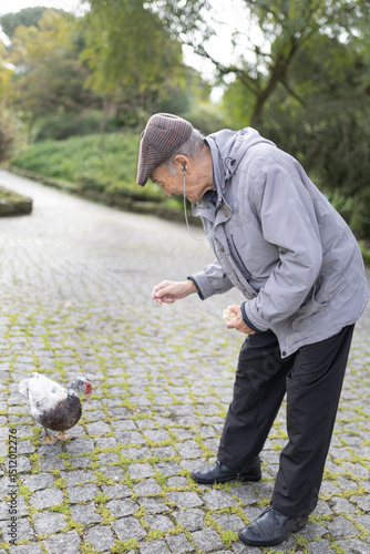 Elderly man feeding a duck in a park