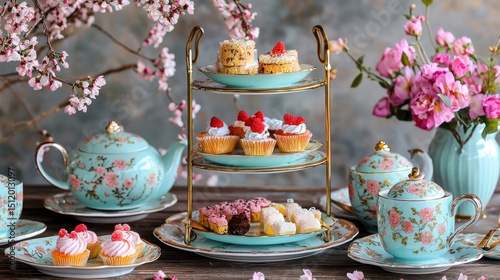 Luxurious high tea set with three-tier tray of sweets
