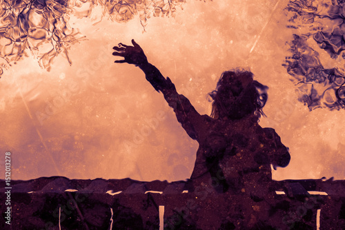 A silhouette of a woman reflected in water, with spreading tree branches. Artistic blur and warm palette create an atmosphere of dreaminess and freedom.