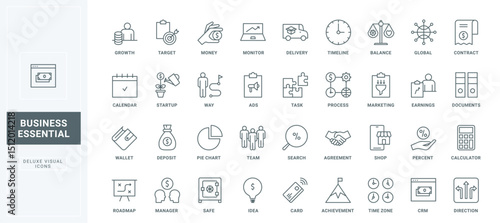 Agreement and contract, bank deposit percentage, timeline and way to growth thin black outline symbols vector illustration. Business process, marketing tools, startup idea line icons set.