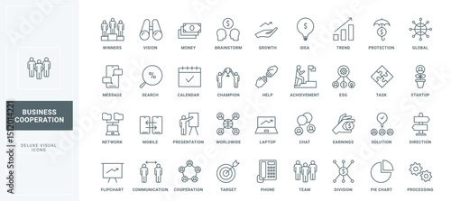 Team strategy and startup solution, success direction to trends, work progress thin black and red outline symbols, vector illustration. Business cooperation, teamwork and partnership line icons set