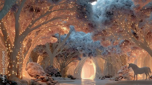 Enchanted Winter Forest with Unicorn and Illuminated Trees, Perfect for Fantasy Themes
