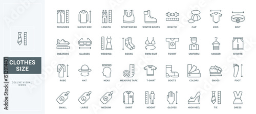 Fashion clothing and charts thin black outline symbols vector illustration. Tailors guide to measure length, width, and circumference of body parts to sew and buy clothes line icons set.