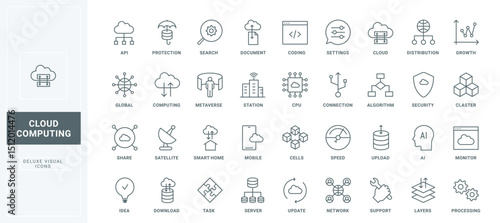 Server services for security system and storage documents, digital access protection, network connection thin black and red outline symbols, vector illustration. Cloud computing line icons set.