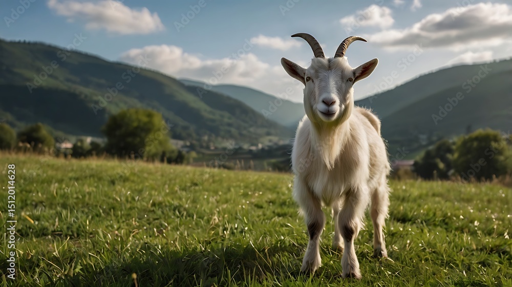 Obraz premium Majestic Mountain Goat in Serene Pastoral Landscape