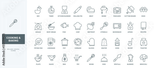 Pan and pot to fry and boil on heat with steam, chefs scales and bowl, spoon thin black outline symbols vector illustration. Kitchen tools to bake and cook, food ingredients line icons set.