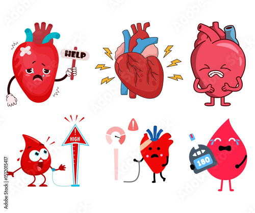 Cartoon heart and blood drop characters illustrating cardiovascular health issues isolated on transparent background