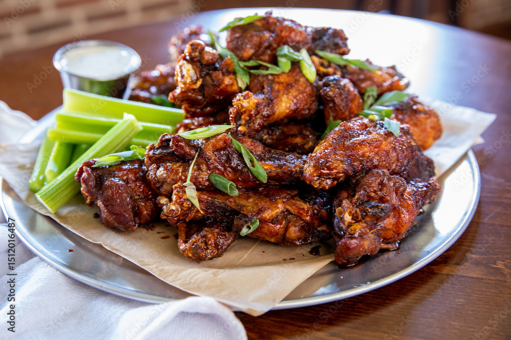 Platter of wings with celery and blue cheese Platter of wings with celery and blue cheese