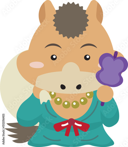 大きな袋を背負う馬キャラ布袋尊｜笑顔と福を招く干支イラスト（2026年・午年）