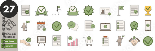 Approval, validation - thin line icons set, green fill. Confirmation, certification, agreement, checkmark, success, checklist, verification, vector illustration