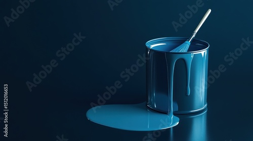 Blue Paint Can with Brush and Dripping Paint on Dark Background
