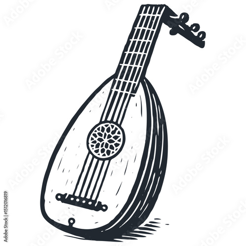 Vintage engraving style vector illustration of a lute. Classic stringed musical instrument with soundhole rosette. Folk, medieval. Monochrome.