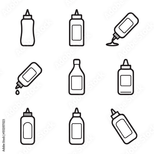 Sauce Bottle Icon Set Collection. Nine Outline Illustrations of Condiment Bottles

