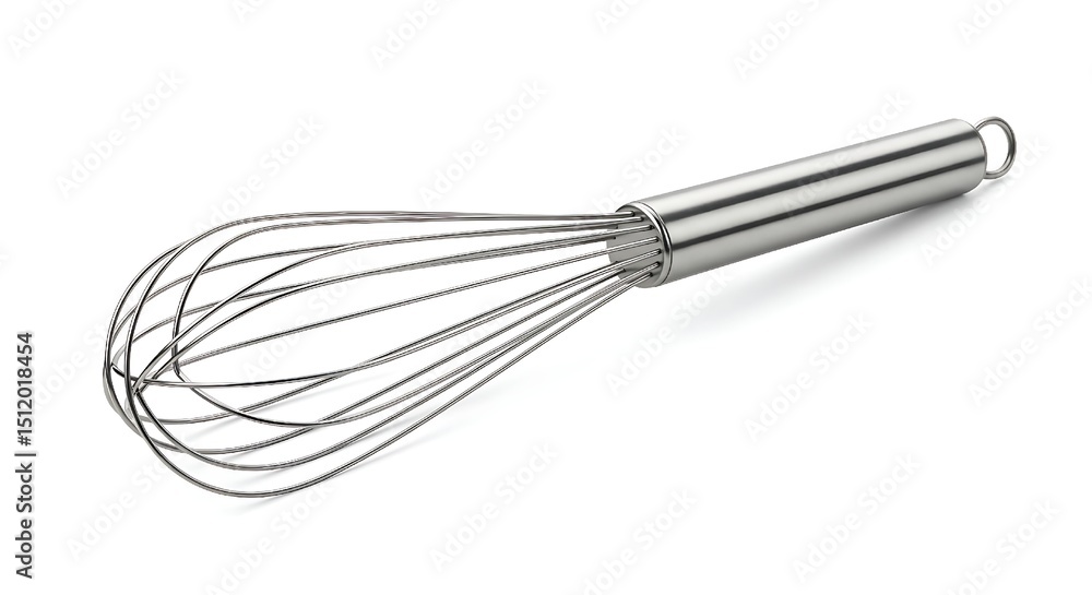 A gleaming stainless steel balloon whisk, featuring multiple wire loops and a sturdy handle, positioned diagonally on a crisp white background. A gleaming stainless steel balloon whisk, featuring multiple wire loops and a sturdy handle, positioned diagonally on a crisp white background.