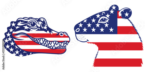 Alligator Bear. 4th of July Independence Day American Flag Patriotism Usa America Clipart Vector Illustration. Reptile mammal hybrid a toothy furry critter with aquatic wild nature.