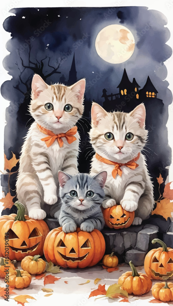 Cartoon illustration of two cute with pumpkins in front of a haunted mansion on Halloween night. Cartoon illustration of two cute with pumpkins in front of a haunted mansion on Halloween night.