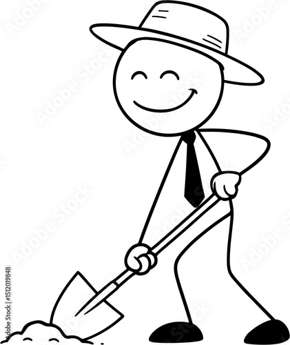 Stick figure farmer digging with shovel in black and white