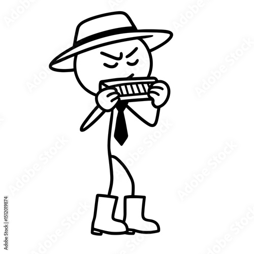 Stick figure farmer playing harmonica in black and white