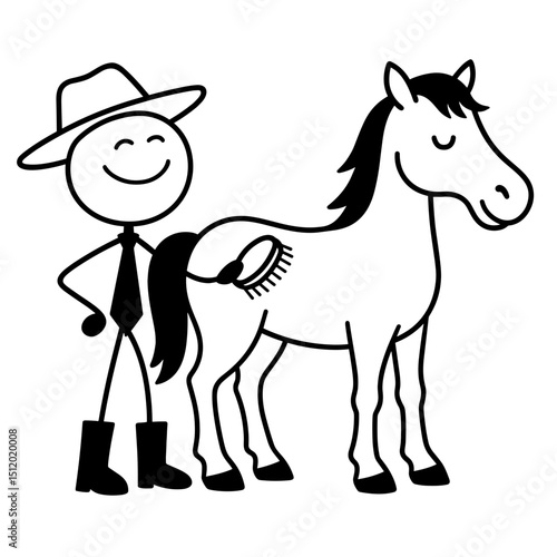 Stick figure farmer brushing horse in black and white