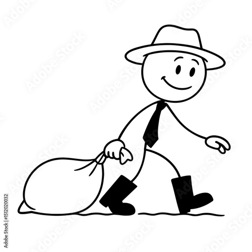 Stick figure farmer dragging sack in black and white
