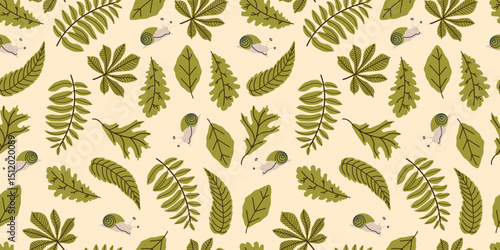 Seamless pattern of autumn leaves in green colors. Vector monochrome illustration. Maple, oak and rowan leaf, snail, background for fabric, wallpaper or gift wrapping print.