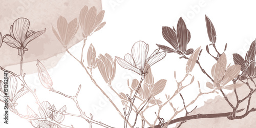 Abstract floral banner with rose gold and beige line art of flowers and leaves. Luxurious hand drawn background. Vector illustration for card design, banner, invitation, advertising and packaging